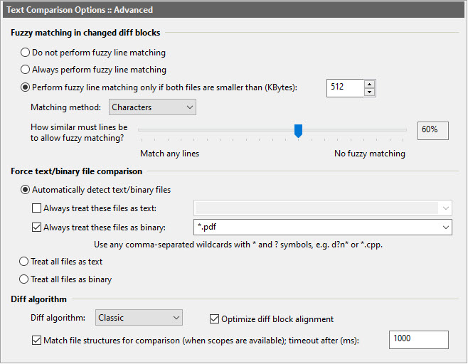 Text Comparison - Advanced Options dialog