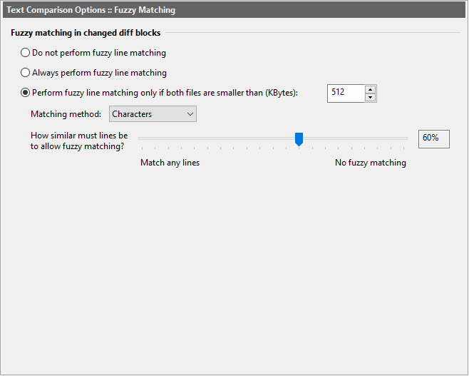 Text Comparison - Fuzzy Matching Options dialog