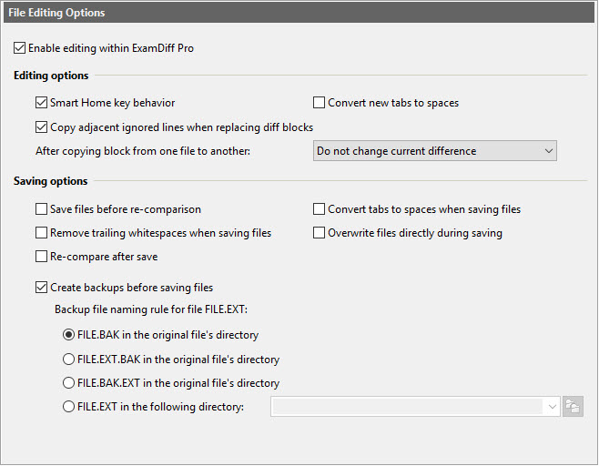 File Editing Options dialog