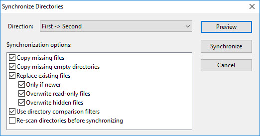 Synchronize Directories dialog